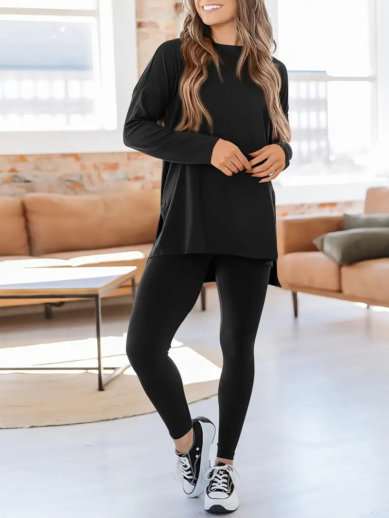 Dame Sporty Lang Tunika Bluse og Leggings Sæt Stilla