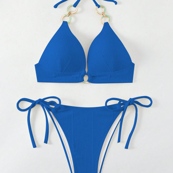 Dame Triangel-Bikini-Sæt med dekorative ringe og justerbare bindebånd Stilla