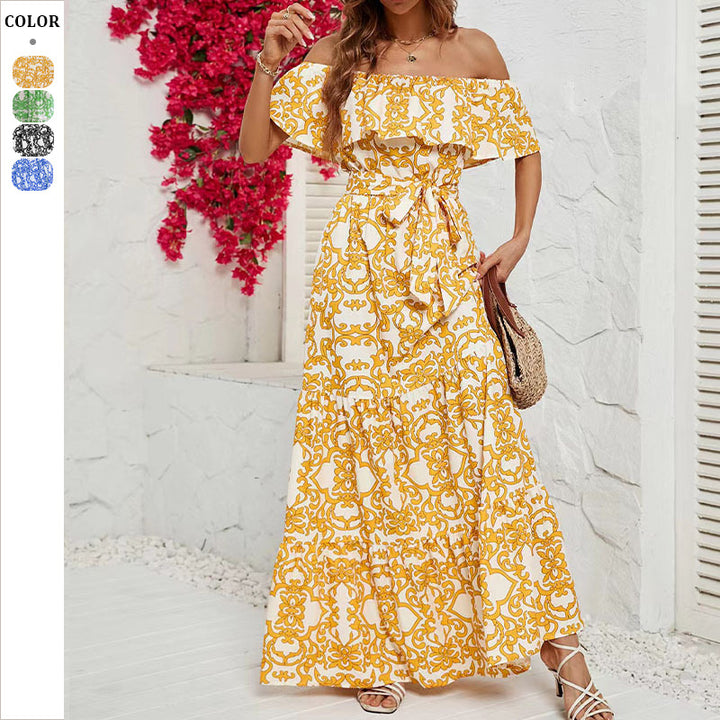 Dame Off-Shoulder Maxikjole med blomstertryk og elastisk taljebælte Stilla