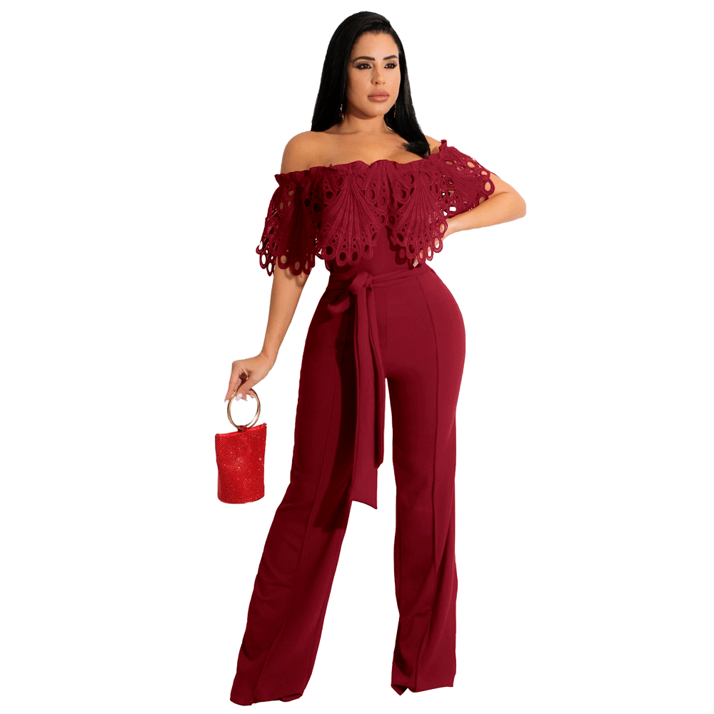 Dame Elegant Off-Shoulder Jumpsuit med dekorativ spids og taljebælte Stilla