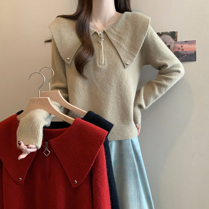 Kvinders sweater med unik krave og dekorativ lynlås Stilla