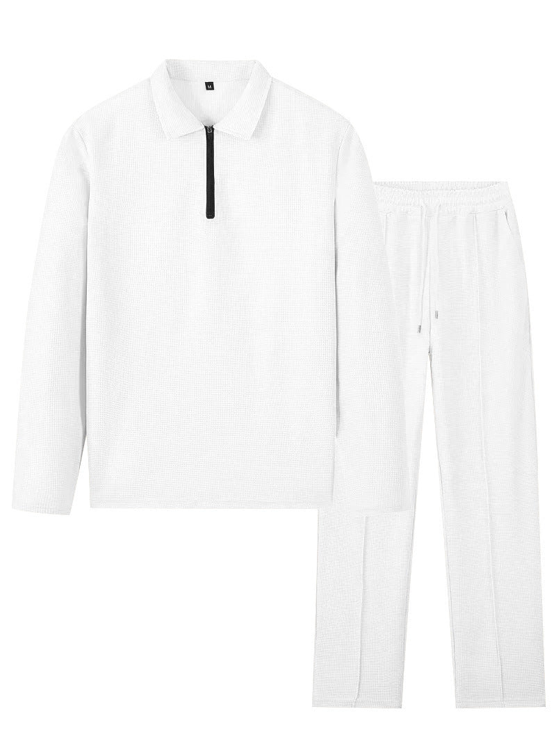 Unisex nan Vaffelstruktur Fritids-sæt med Halvzip-Polo-shirt og elastisk Bundbukser Skovae
