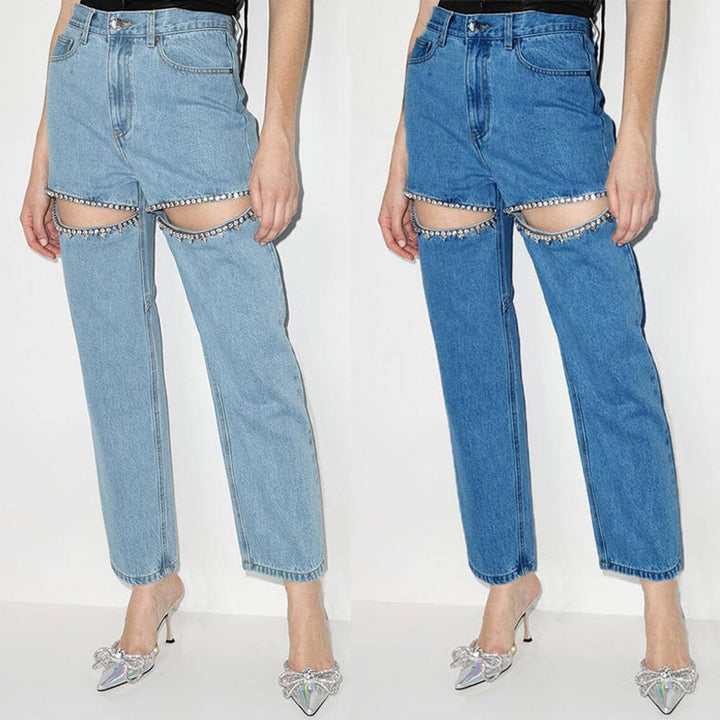 Dame ripped jeans med strass-belagte skæringspunkter Stilla