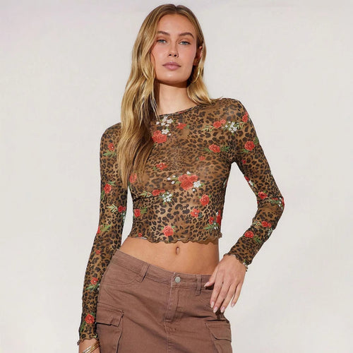 Damer nan fine Mesh-Crop-Top med leopard- og rosenprint Skovae