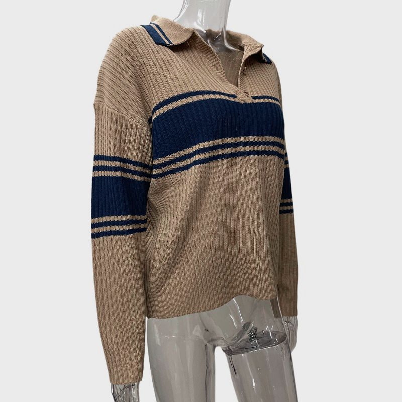 Dame Oversized Strikpullover med V-Udsnit og Stribedetaljer Stilla