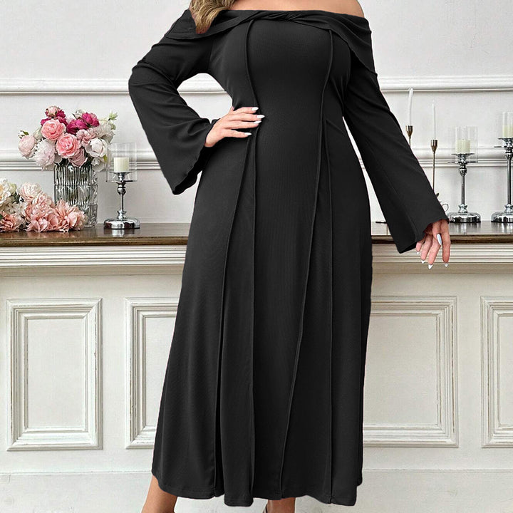 Dame skulderfri maxikjole med elegant drapering og lange ærmer Stilla