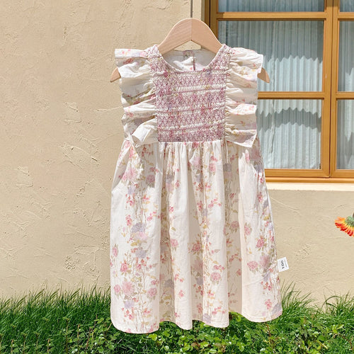 Pige Floral Smocked Kjole med Rufflesleeves Stilla