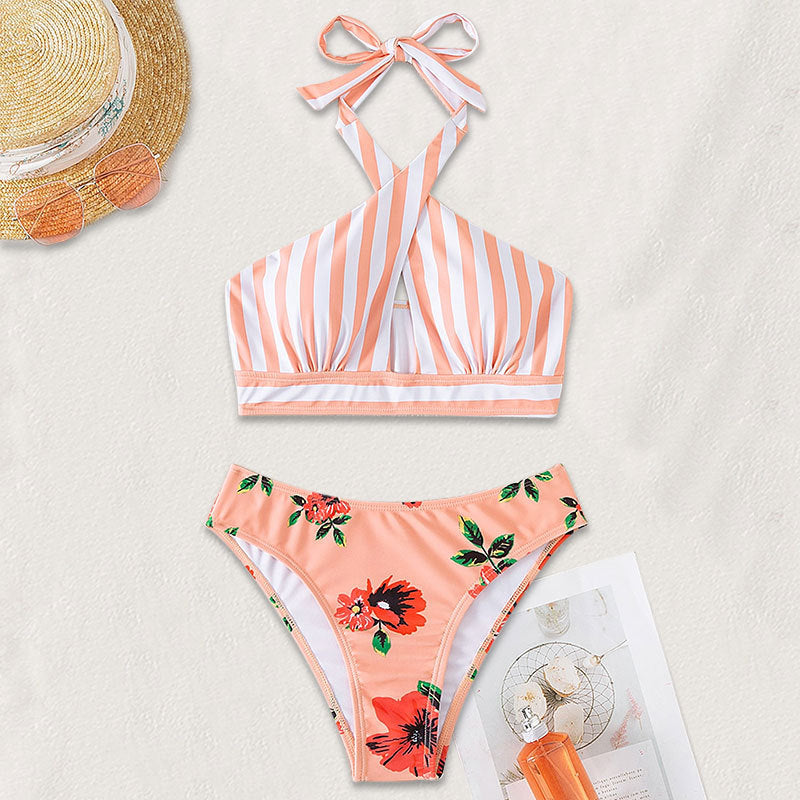 Dame Højthårede bikini med blomstermotiv og trendy indpaknings-top Skovae