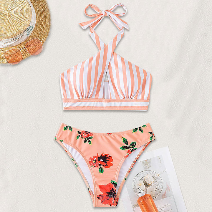 Dame Højthårede bikini med blomstermotiv og trendy indpaknings-top Skovae