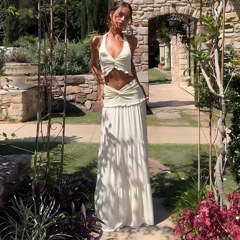 Damen Zweiteiliges Sommer-Outfit mit Knotted Top und fließendem Rock Skovae