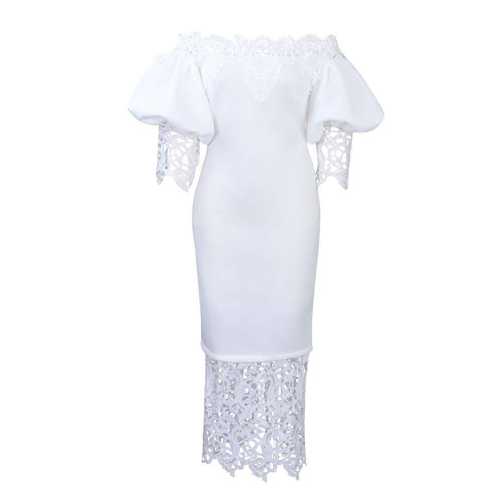 Dame figurtilpasset kjole med Off-Shoulder design og blonde ved kanten Stilla