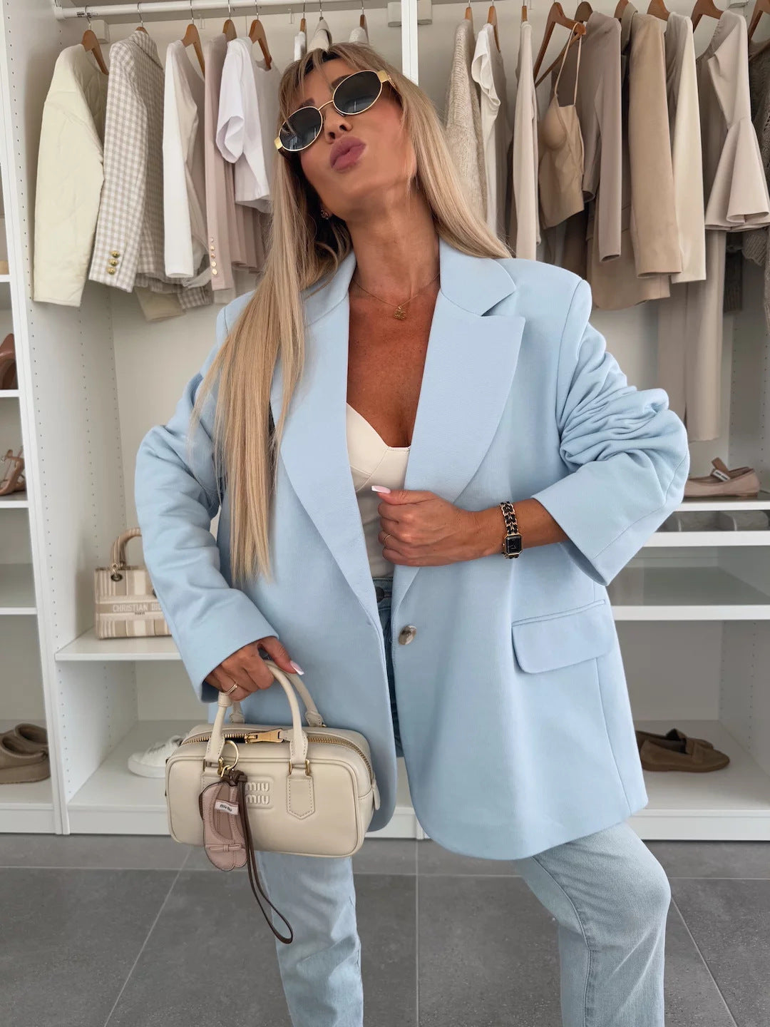 Kvinder Oversized Blazer med Teksturerede Ærmer Skovae