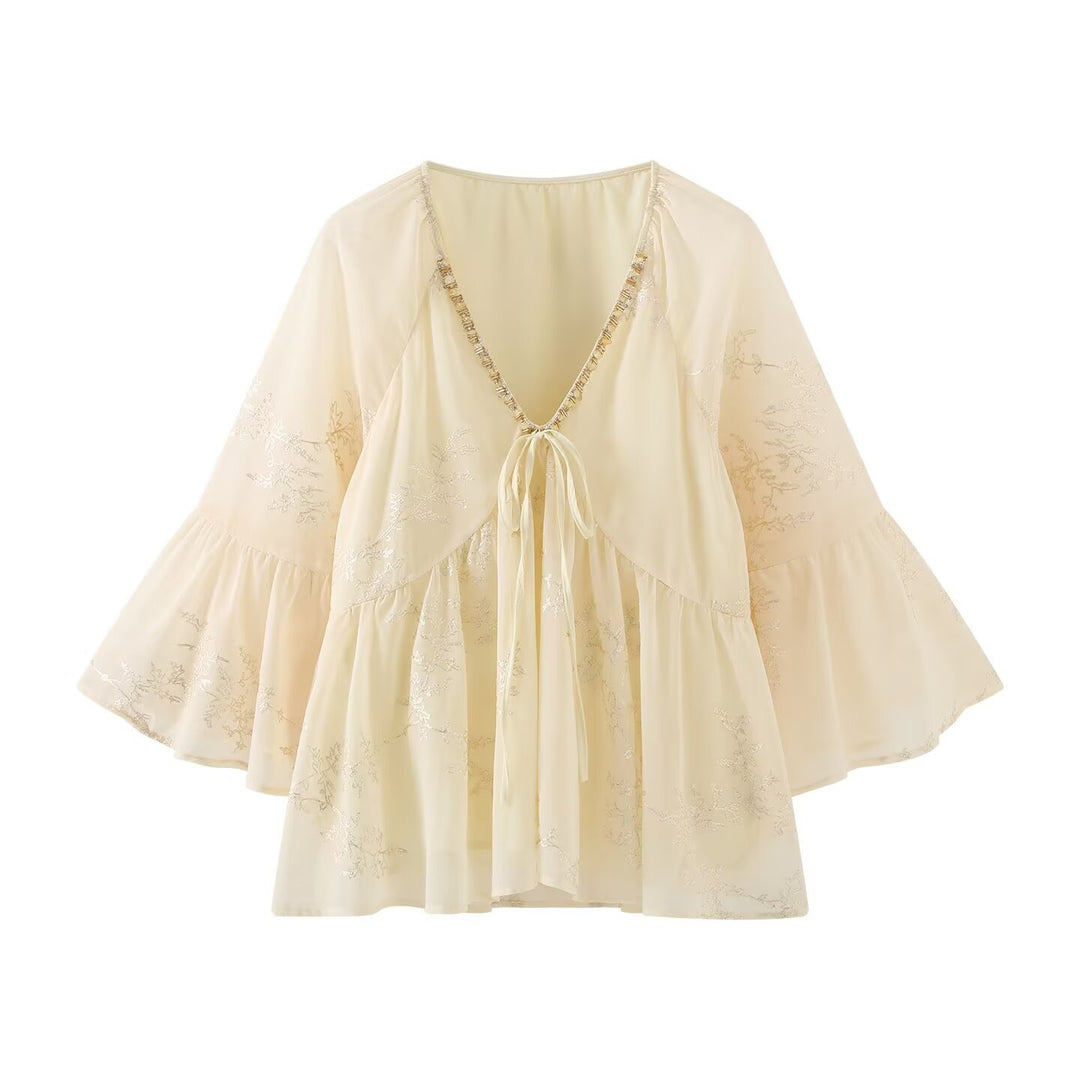 Damer let bluse T-shirt med flydende snit og elegante bindebånd detaljer Skovae