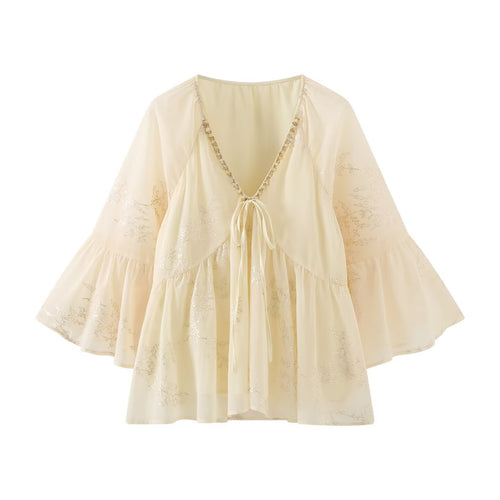 Damer let bluse T-shirt med flydende snit og elegante bindebånd detaljer Skovae