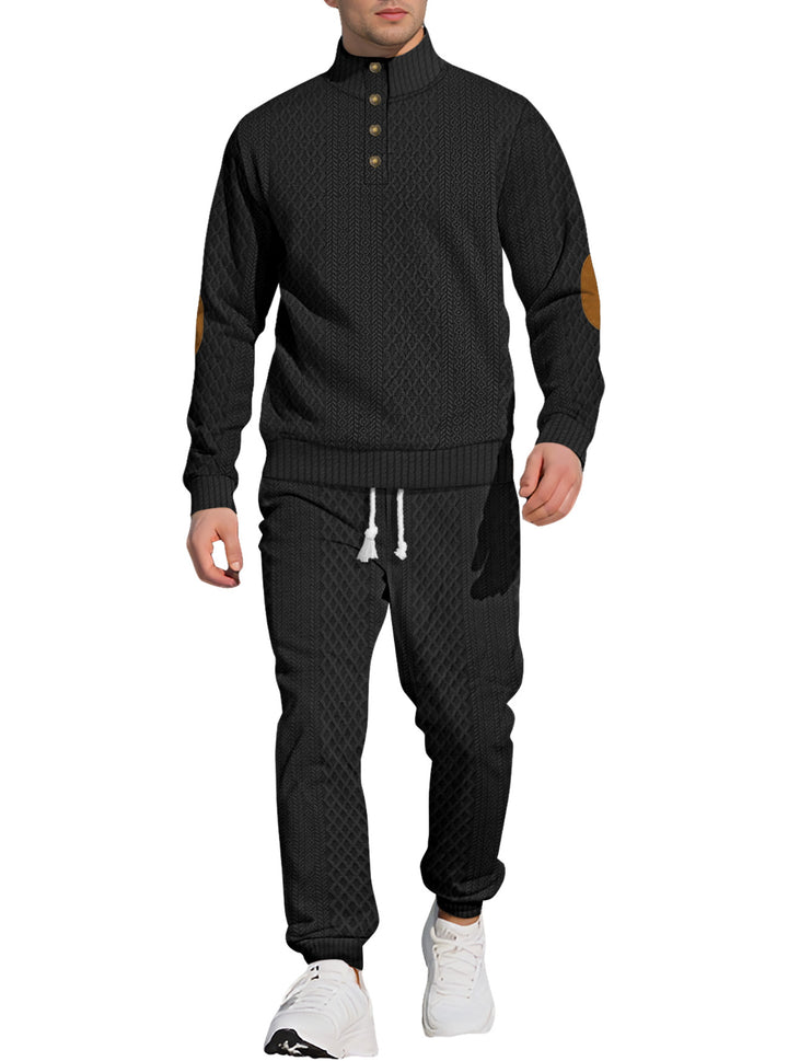 Herre nan struktureret strik-fritidsoutfit med halvknap-høj krave, daim-ellbogenlapper og snøre-bund joggers Skovae