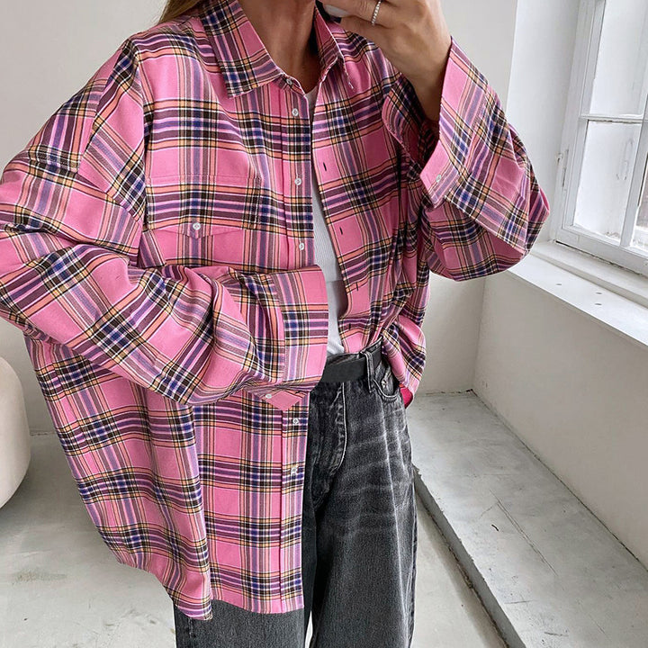 Dame Tjekkede Oversized-Skjortebluse med knaplukning foran og afslappet snit Stilla
