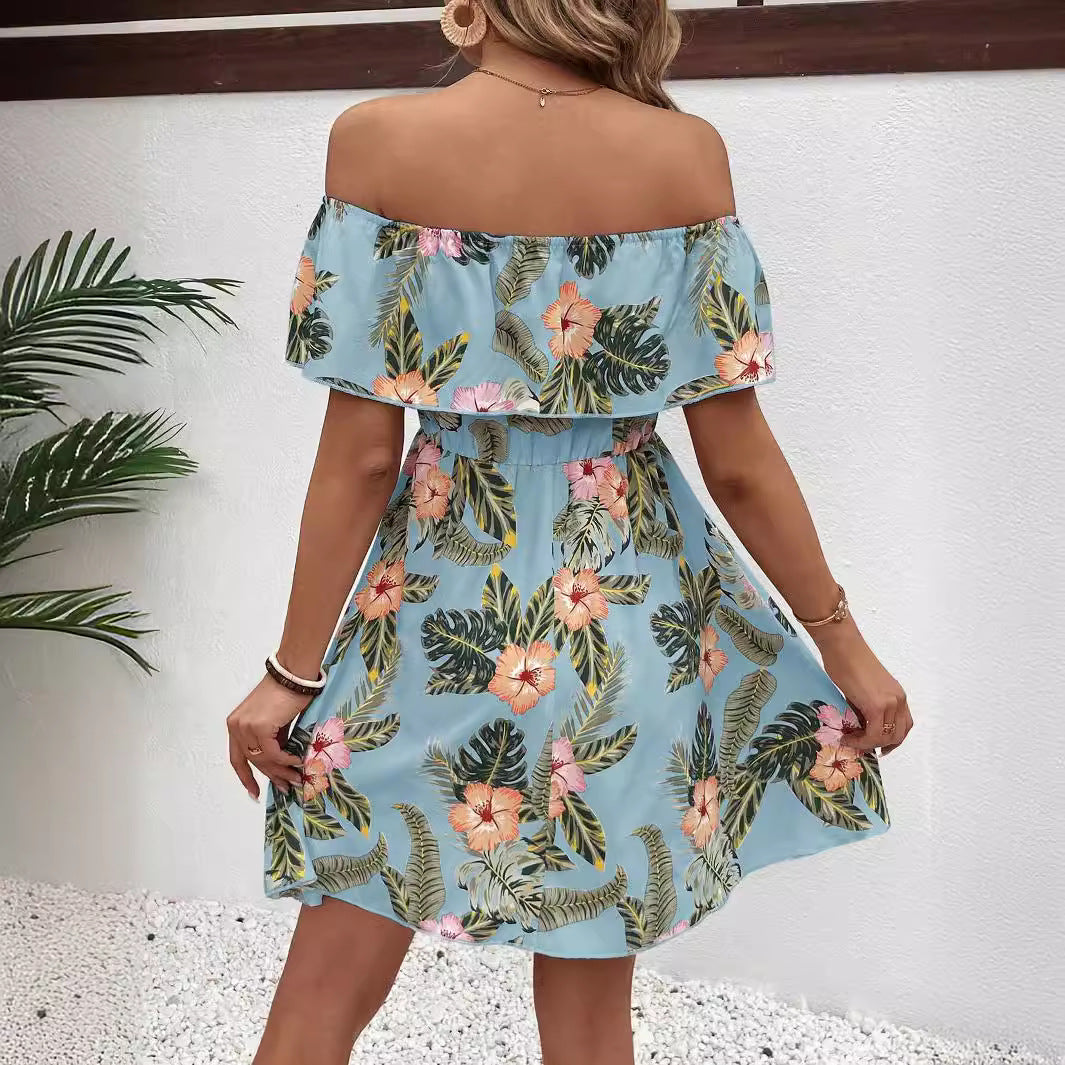 Dame off-shoulder midikjole med volangtop, elastisk talje og udstående A-linje nederdel Skovae