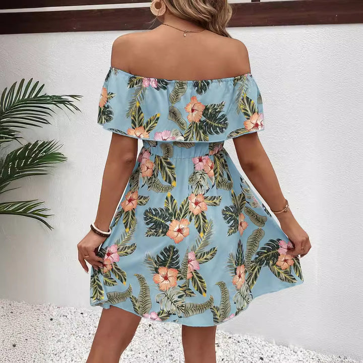 Dame off-shoulder midikjole med volangtop, elastisk talje og udstående A-linje nederdel Skovae