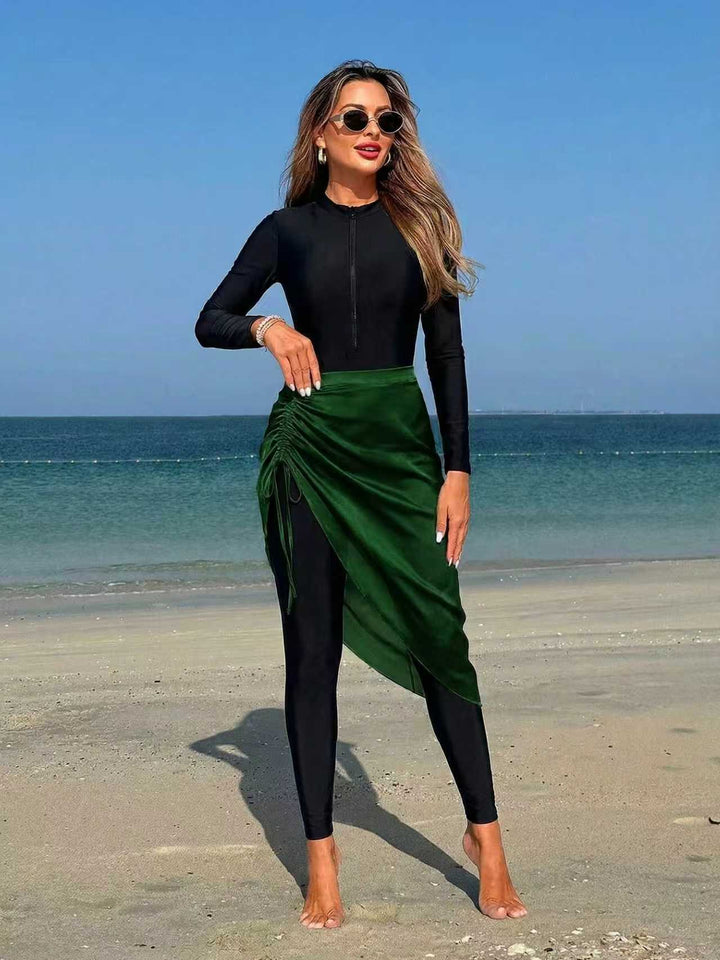 Dame sportslig langærmet badedragt med indpakning skirt Skovae