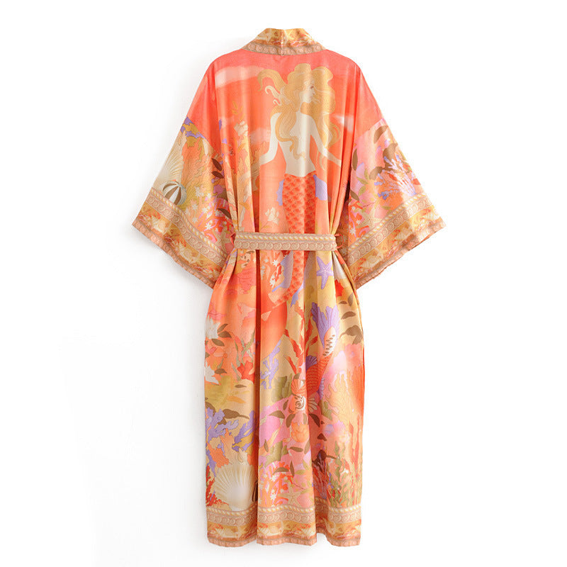 Dame Let Strandkimono med kunstnerisk mønster og brede ærmer Stilla