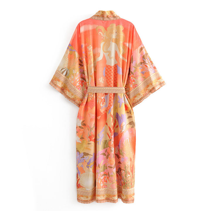 Dame Let Strandkimono med kunstnerisk mønster og brede ærmer Stilla