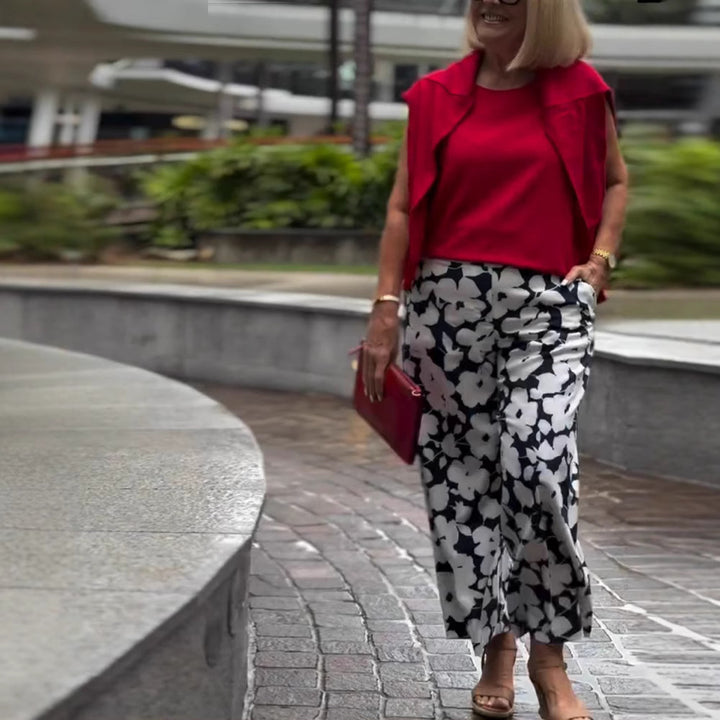 Dame bred culotte-bukser med blomsterprint og elastisk talje Stilla