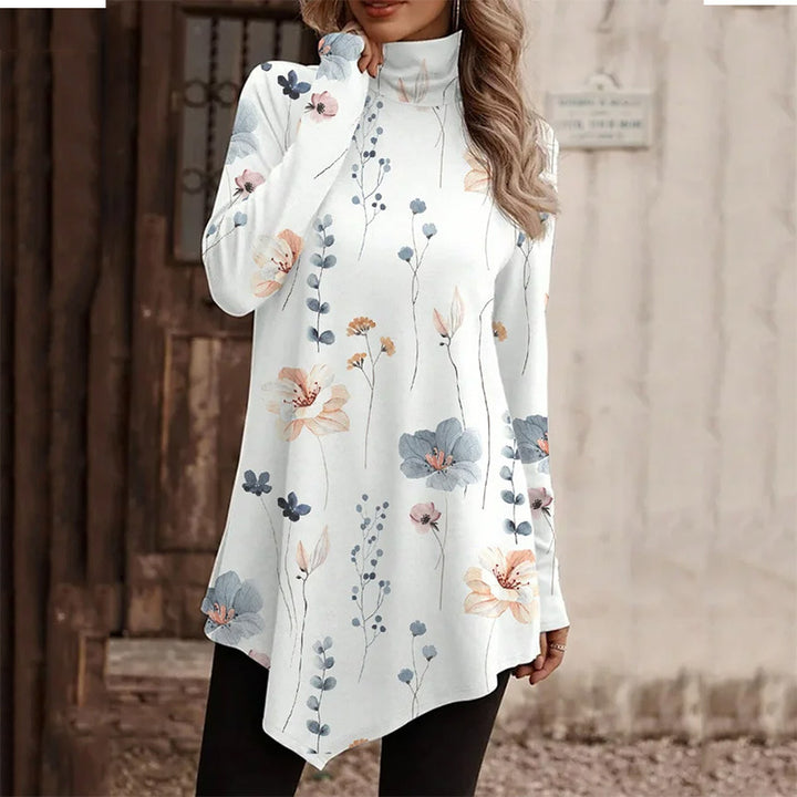 Dame højformatet bluse med legende blomsterdesign og ståkrave Stilla