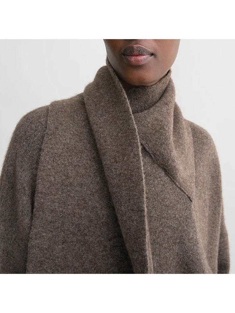 Dame elegant strikpullover med smart krave og integreret tørklæde Stilla