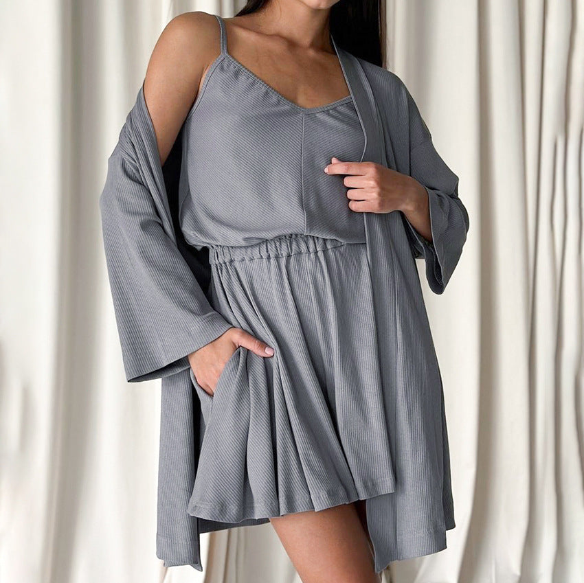 Dame Lounge-kjole med åben kimono og elastisk talje Stilla
