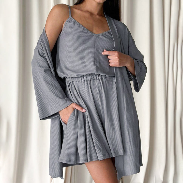 Dame Lounge-kjole med åben kimono og elastisk talje Stilla