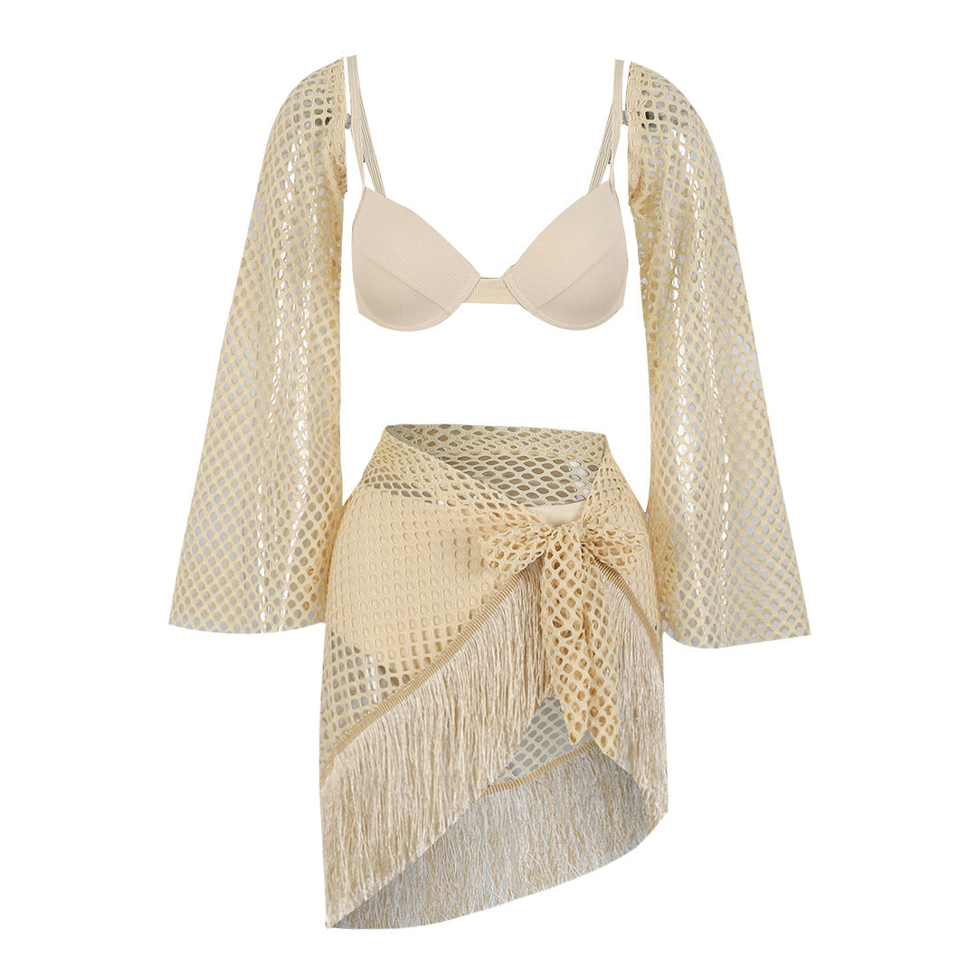Dame Strand-Bikini-Sæt med elegante netdetaljer og frynsede shorts Stilla