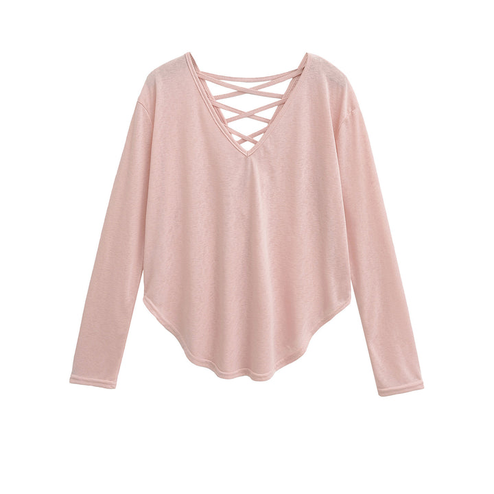 Dame langærmet shirt med dyb V-udskæring og elegant snøredetail Stilla