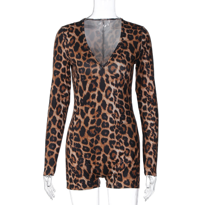 Dame stilfuld leopardmønster bodysuit med V-udskæring og lange ærmer Skovae