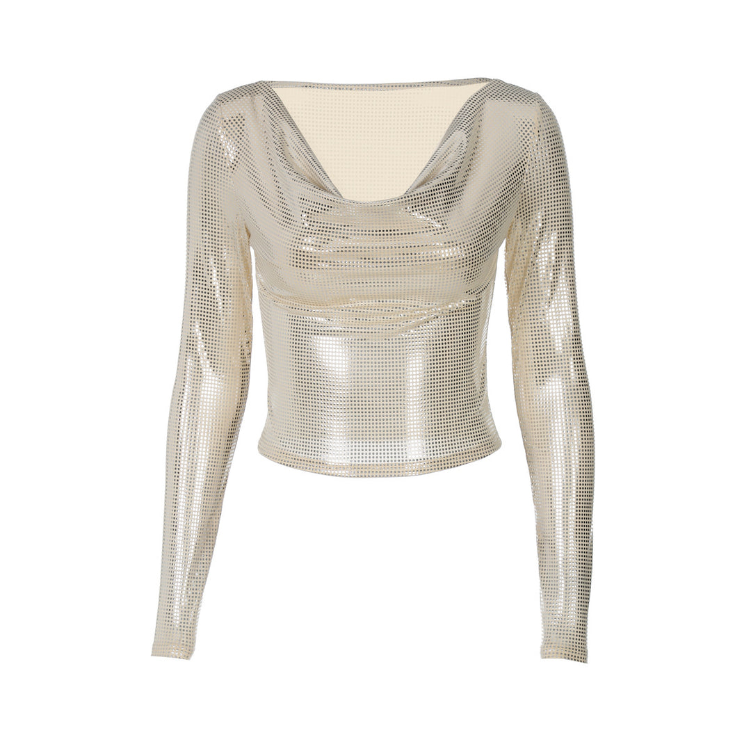 Dame Elegant Langærmet T-shirt med indvævet mesh og raffinerede draperinger Stilla