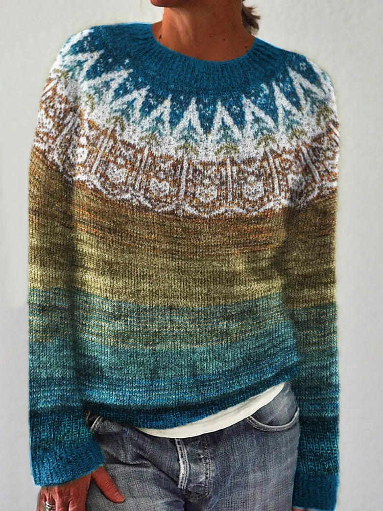 Kvinders hyggelige sweater med livligt landskabs mønster Stilla
