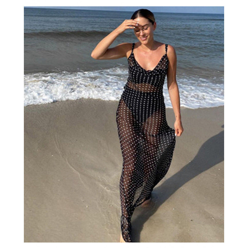 Dame gennemsigtigt strandkjole med polka-dot mønster og flydende snit Skovae