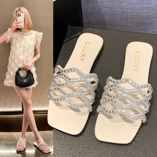 Dame Glamourøse Slide-Sandaler med funklerende Strassdekorationer og komfortabel sål Stilla