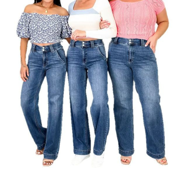 Dame Bredskårne jeans i vintagestil med høj talje og elegante syninger Stilla