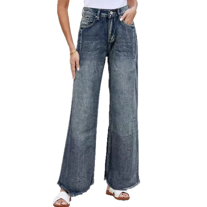 Dame brede denim jeans med kreativt mønster og frynset søm Skovae