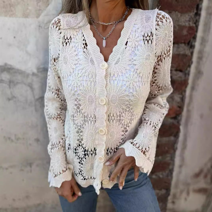 Kvindernes hæklede cardigan med blomsterdesign og knaplukning Stilla