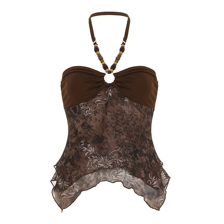 Dame løs bandeau-top med blomstermotiv og raffinerede bindebånd Skovae