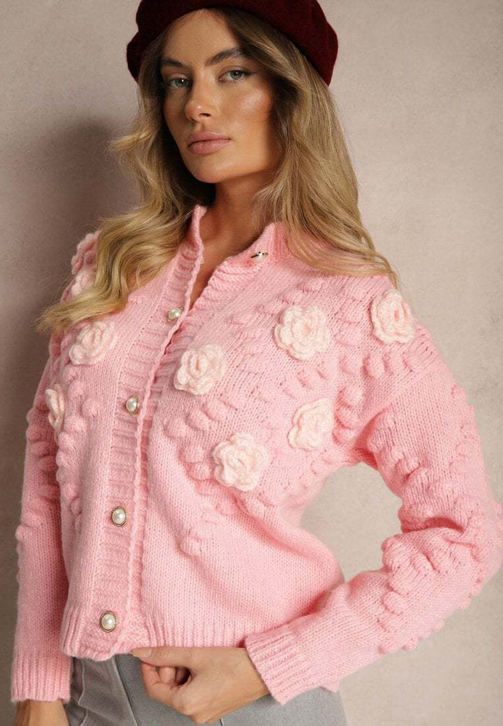 Kvinders cardigan med blomsterapplikationer og trendy knapdesign Stilla