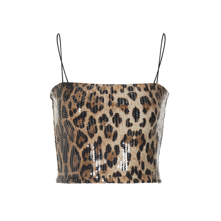 Dame crop-top med glitrende pailletter og leopardmønster Stilla