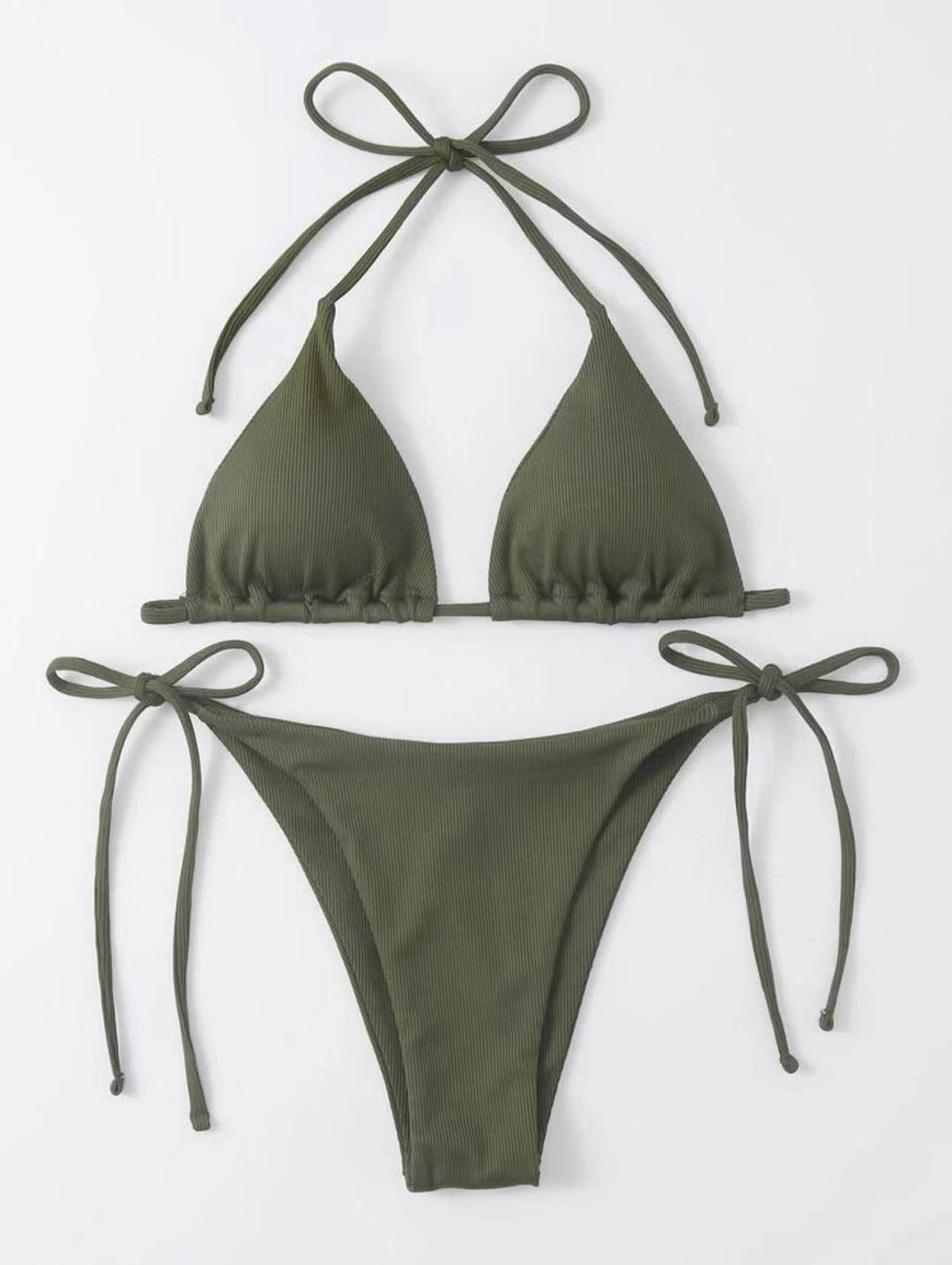 Dame Triangel-Bikini-Sæt med Justerbare Bindebånd og Ribbet Design Skovae