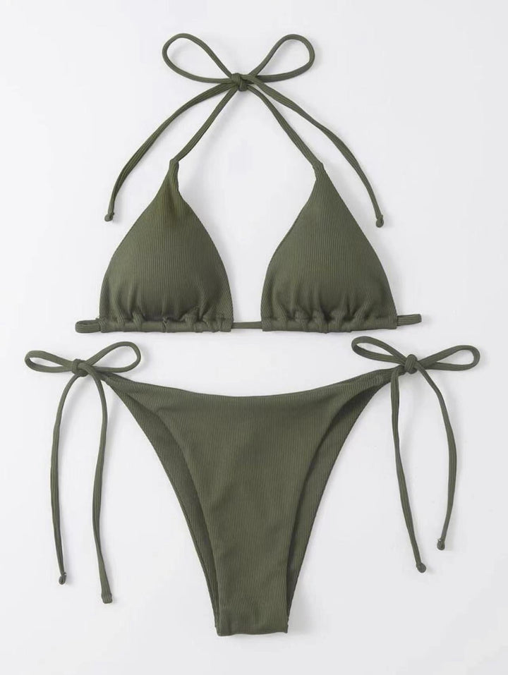 Dame Triangel-Bikini-Sæt med Justerbare Bindebånd og Ribbet Design Skovae