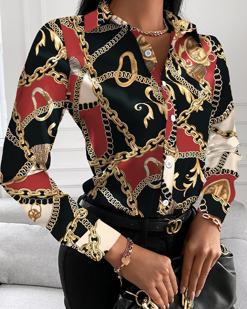 Dame Elegant Bluse med kunstnerisk tryk og fine detaljer Stilla