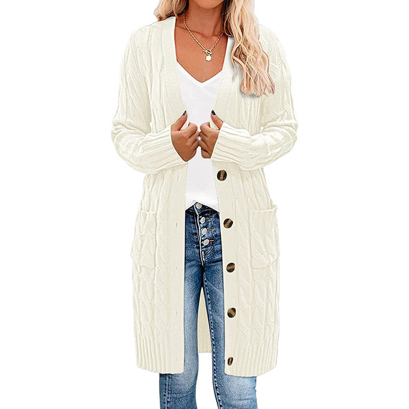 Kvindernes chunky strikket cardigan med lomme og knaplukning Stilla