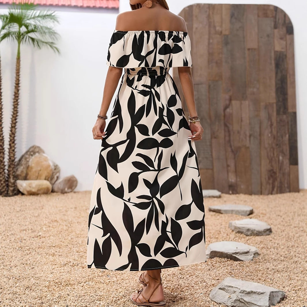 Dame Off-Shoulder Maxikjole med blomsterprint og elastisk taljebånd Stilla