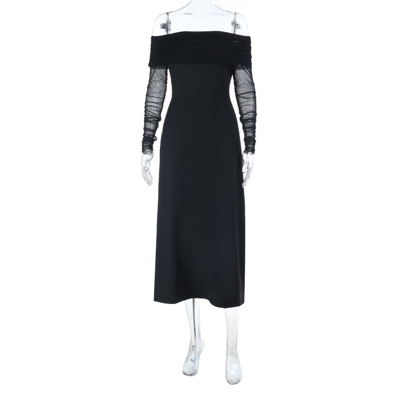 Damer elegant off-shoulder midi-kjole med flæse-detaljer og gennemsigtige ærmer Skovae