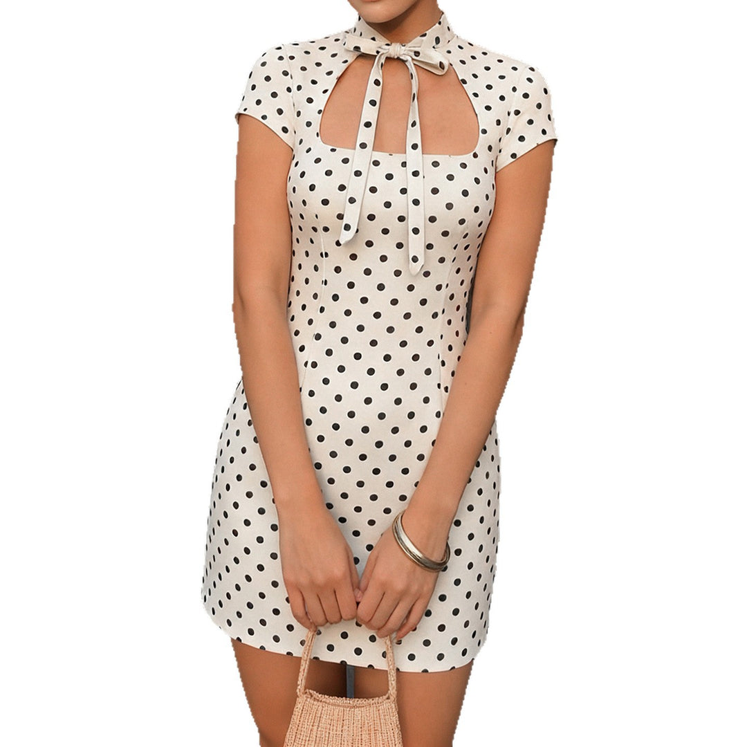 Dame Polka-Dots Minikjole med moderne krave og legende sløjfedetalje Skovae
